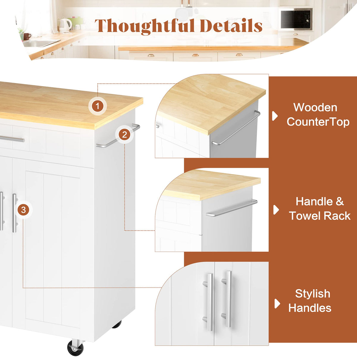 26" Rolling Kitchen Island Cart with Drawer, Shelves, Towel Rack, Lockable Casters, White V88569