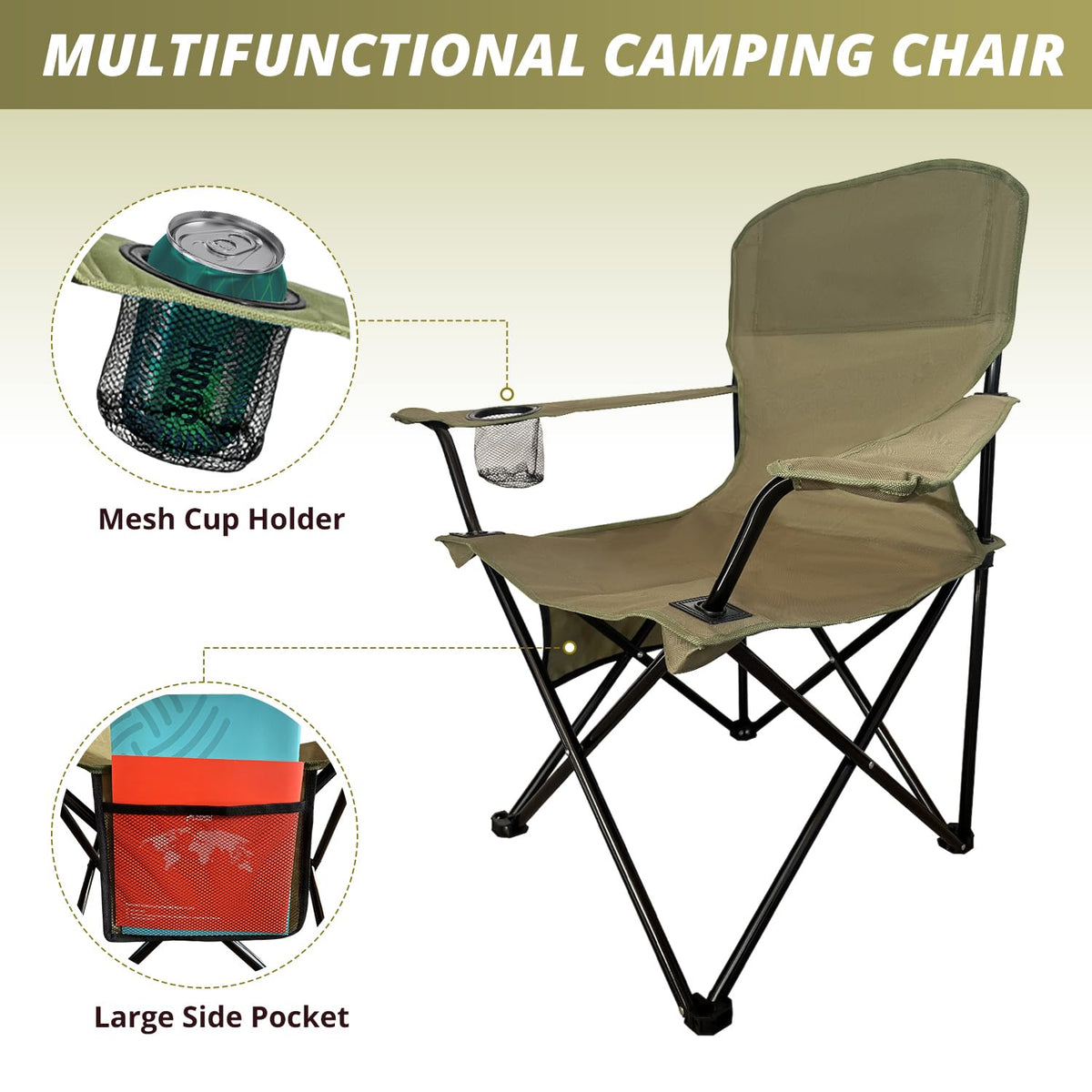 2 Pack Folding Camping Chairs with High Back, 300lbs Capacity, Green L6671