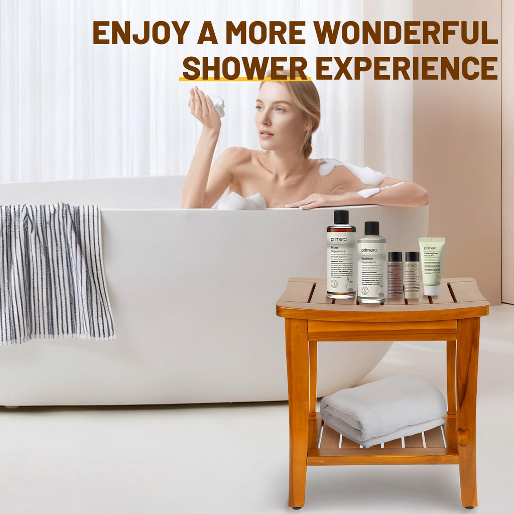 16" Teak Shower Bench with Shelf V9693