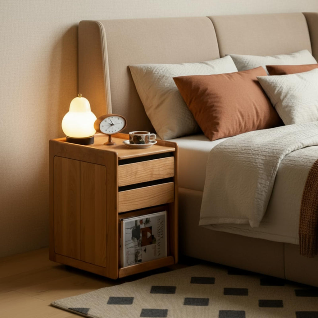 Solid Cherry Wood Side Table with Wheels T2517