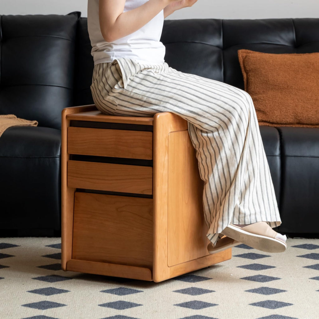 Solid Cherry Wood Side Table with Wheels T2517