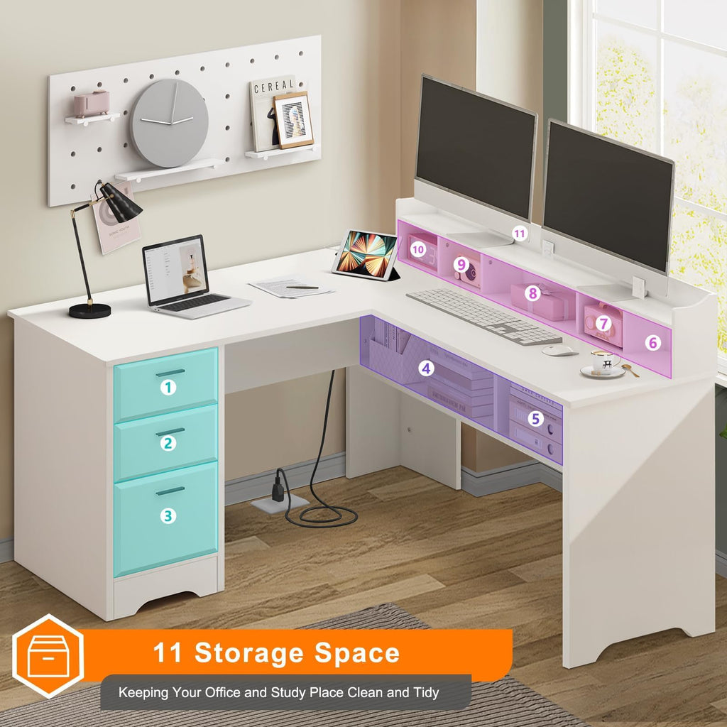 60" White L Shaped Desk with File Drawers G7984