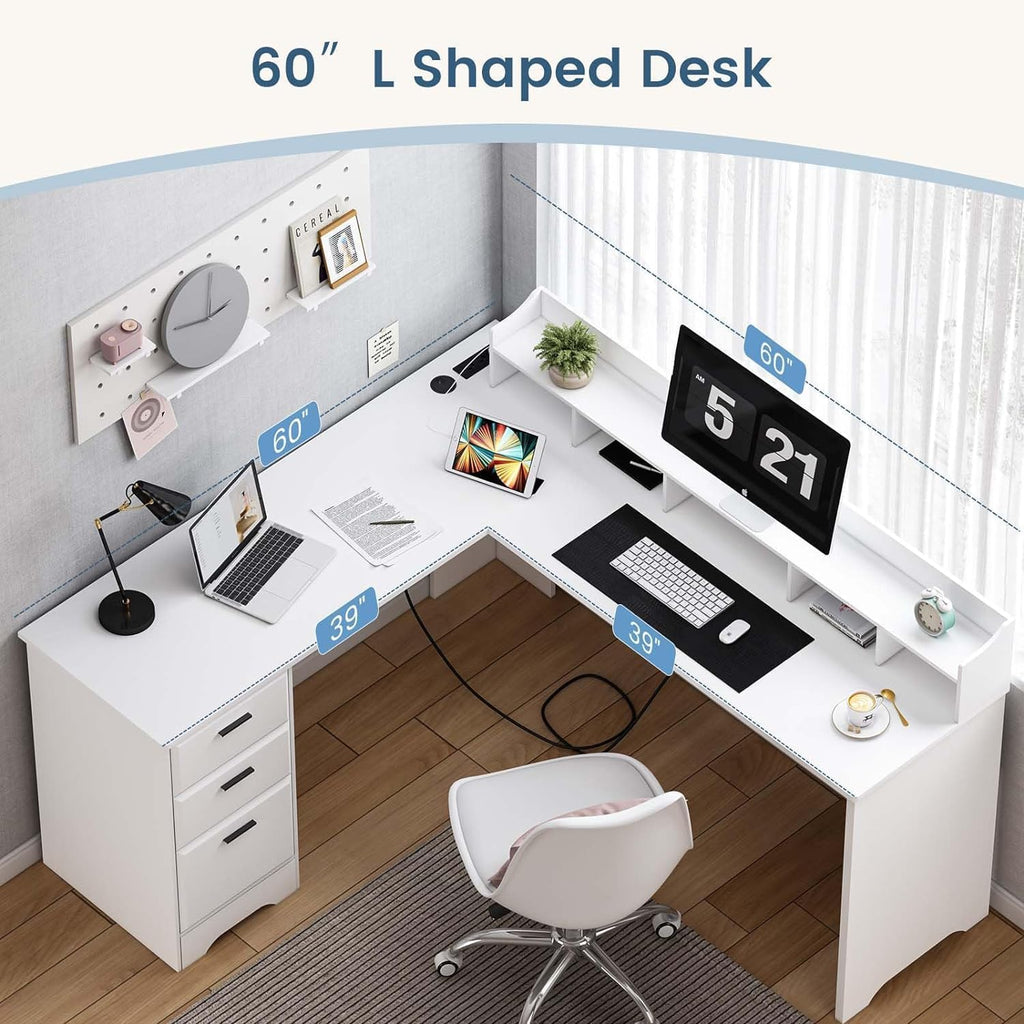 60" White L Shaped Desk with File Drawers G7984