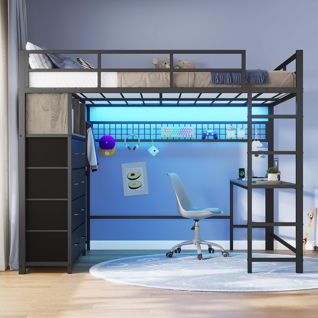 Full Size Loft Bed with Desk and 8 Storage Drawers Grey F24198