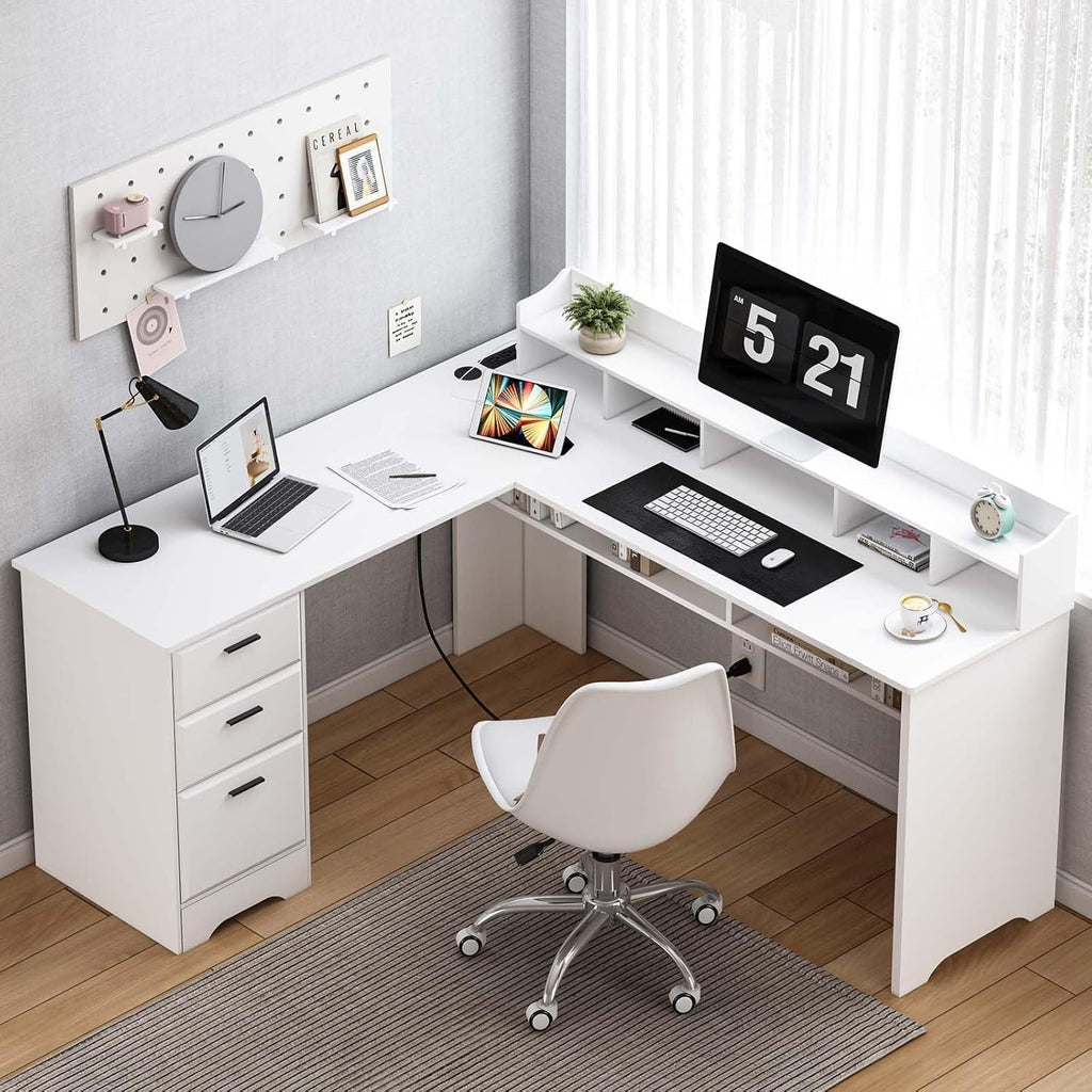 60" White L Shaped Desk with File Drawers G7984
