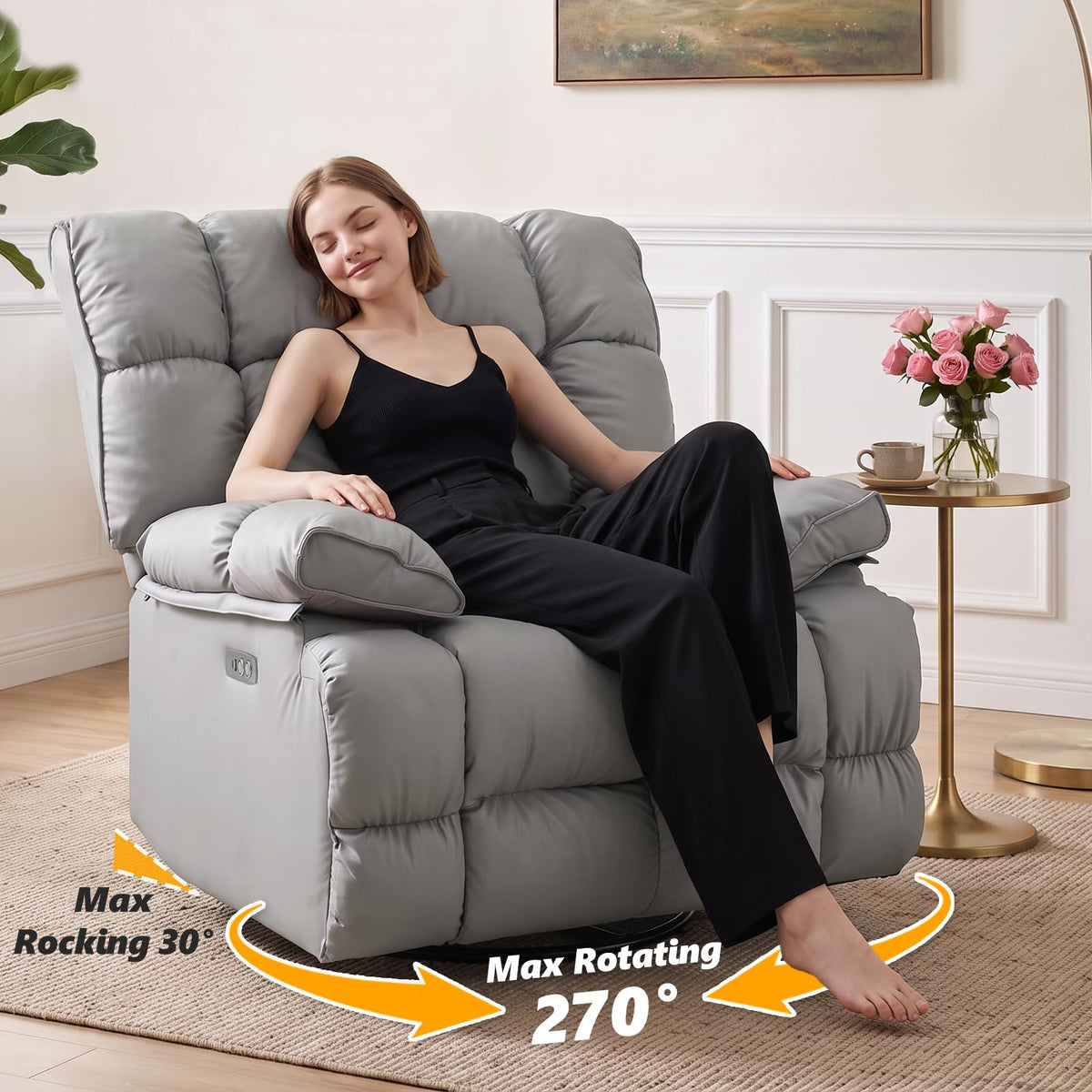 Oversized Gray Leather Power Swivel Rocker Recliner V88525