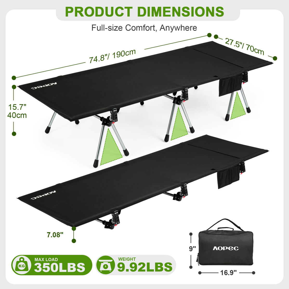 Height Adjustable Black Camping Cot W1752