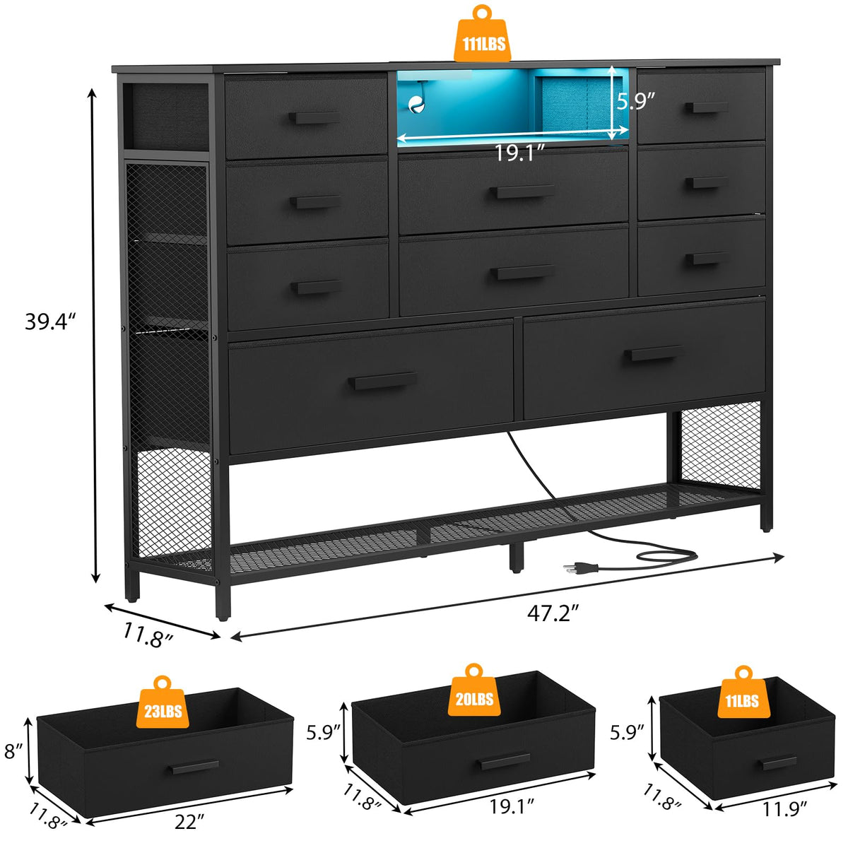 Black 10 Drawer Dresser with Charging Station and LED Light K5580