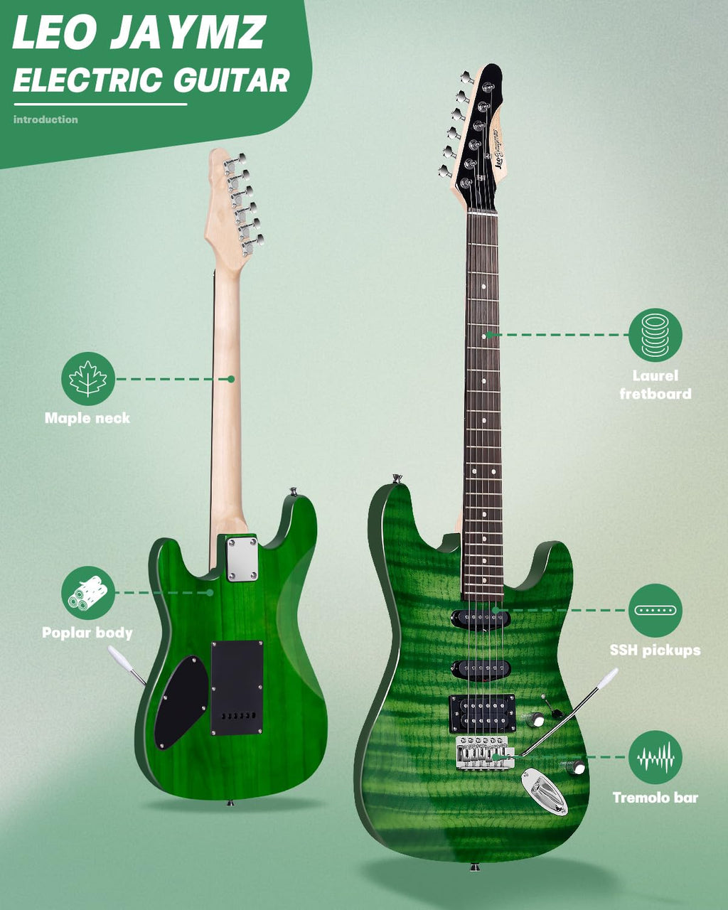 39" Full Size SSH Electric Guitar Starter Kit with Amp W6628
