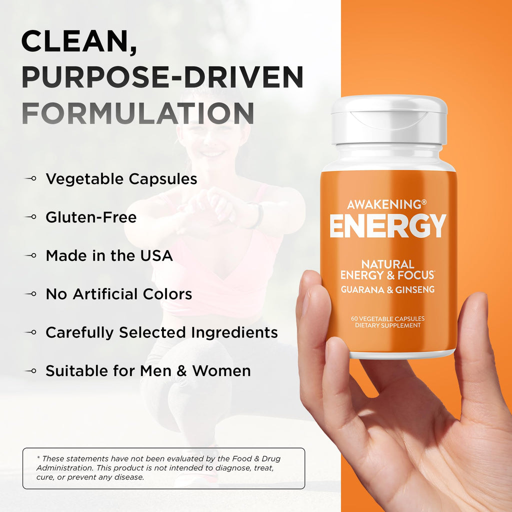 Natural Energy & Focus Supplement with Panax Ginseng, Guarana Extract & Chromium Picolinate, 60 Caps S829
