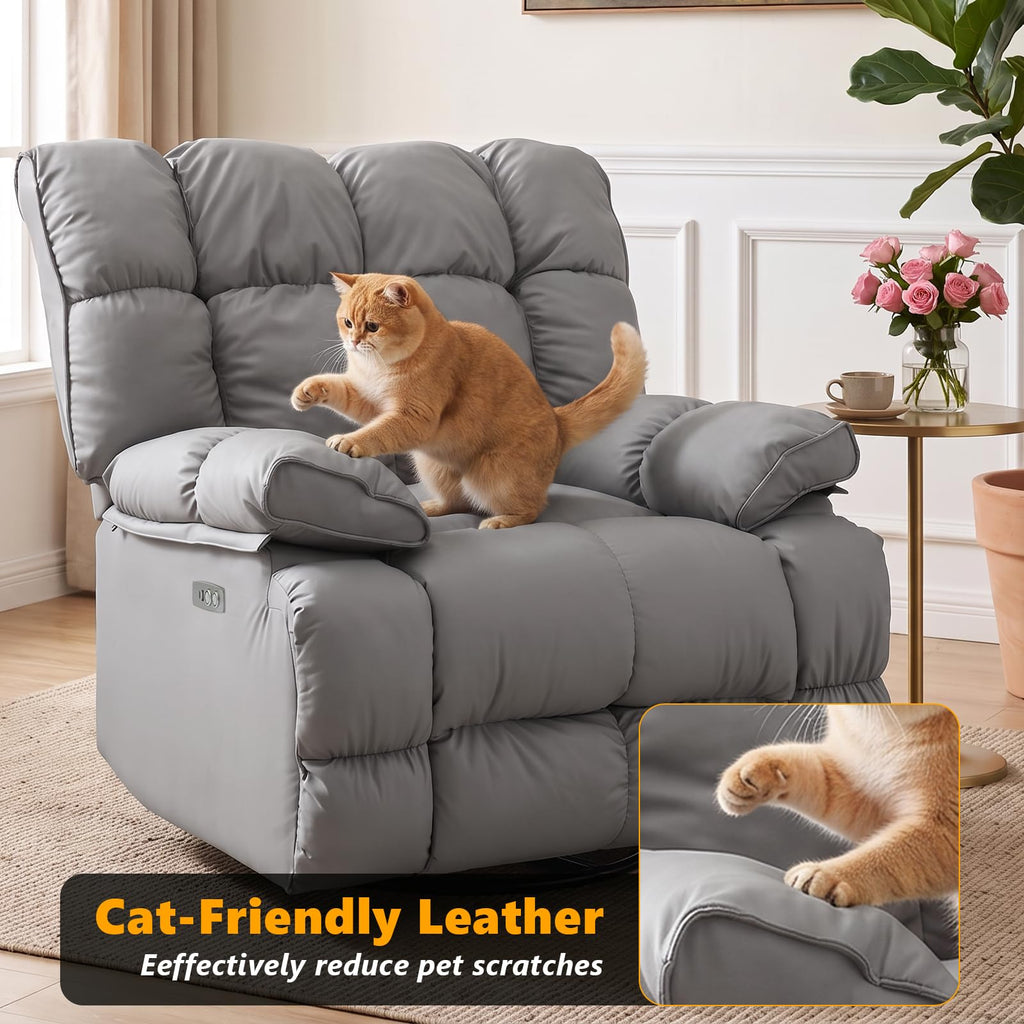 Oversized Gray Leather Power Swivel Rocker Recliner V88525