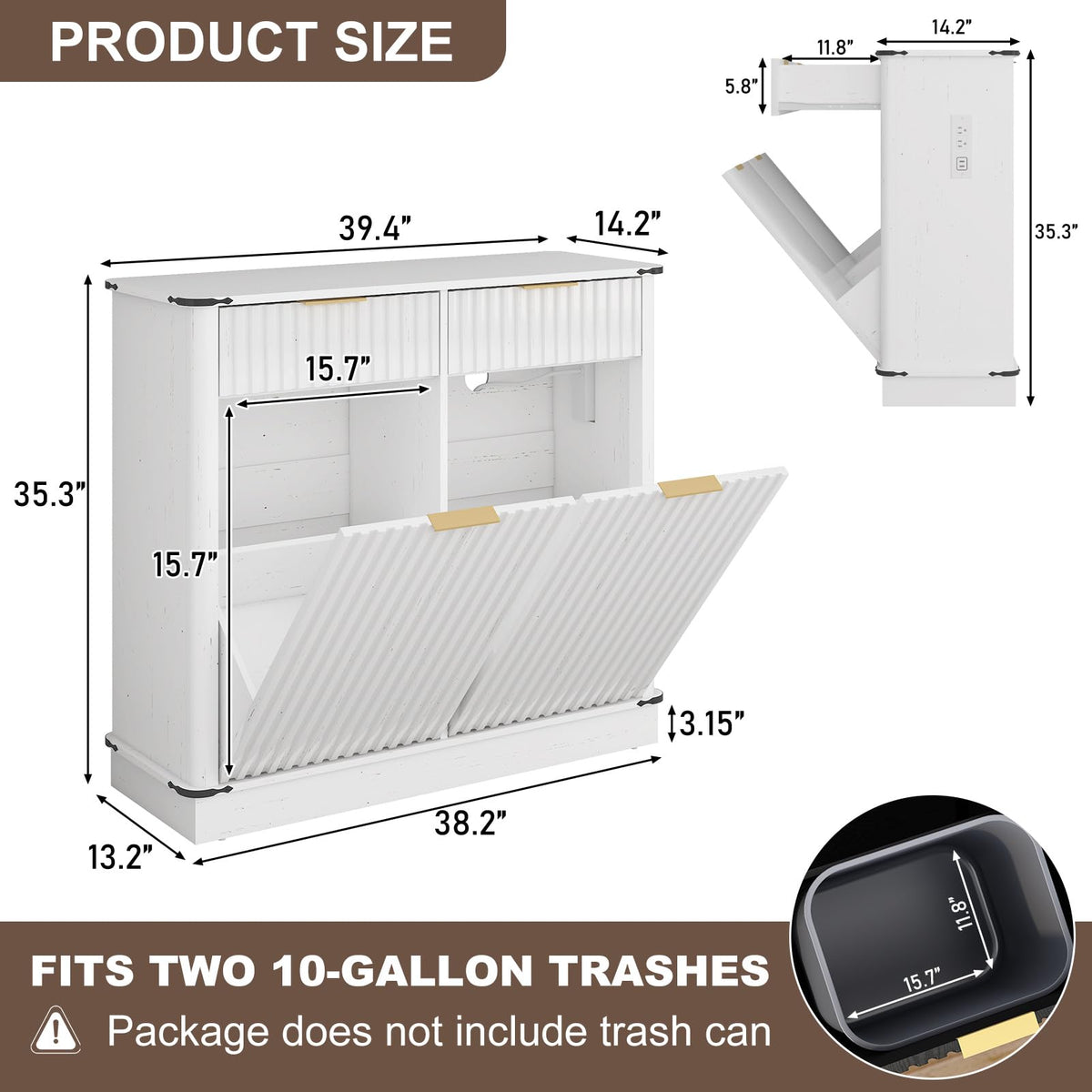 White 20 Gallon Tilt Out Trash Cabinet with Charging Station and 2 Drawers F957564