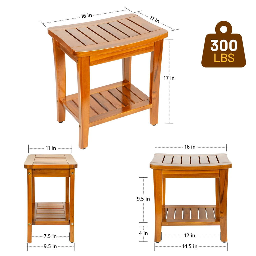 16" Teak Shower Bench with Shelf V9693