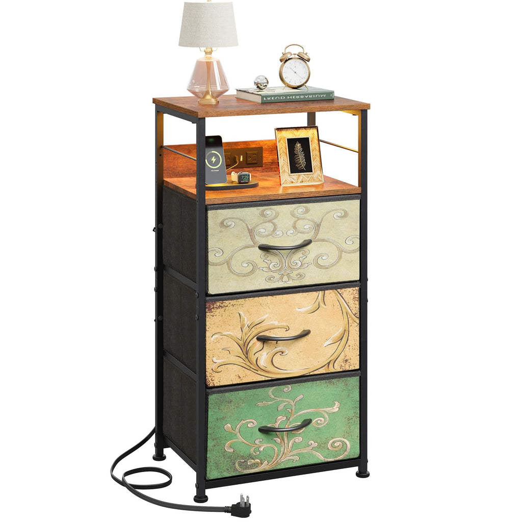Night Stand with Charging Station, 3 Drawer Bedside Table I248