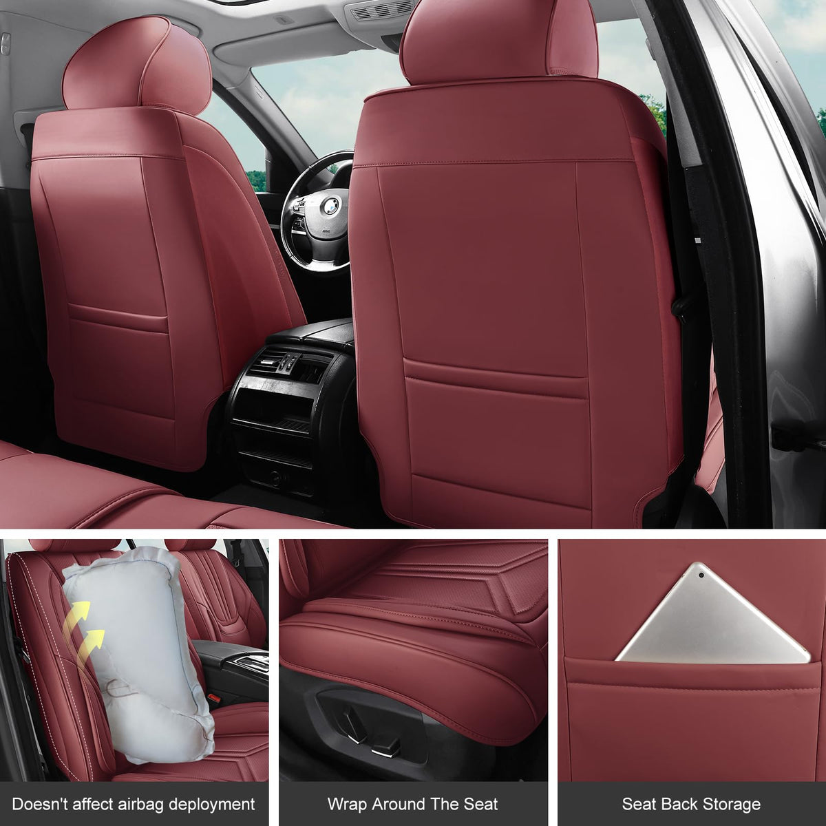 Burgundy Leather Full Set Car Seat Covers I341391