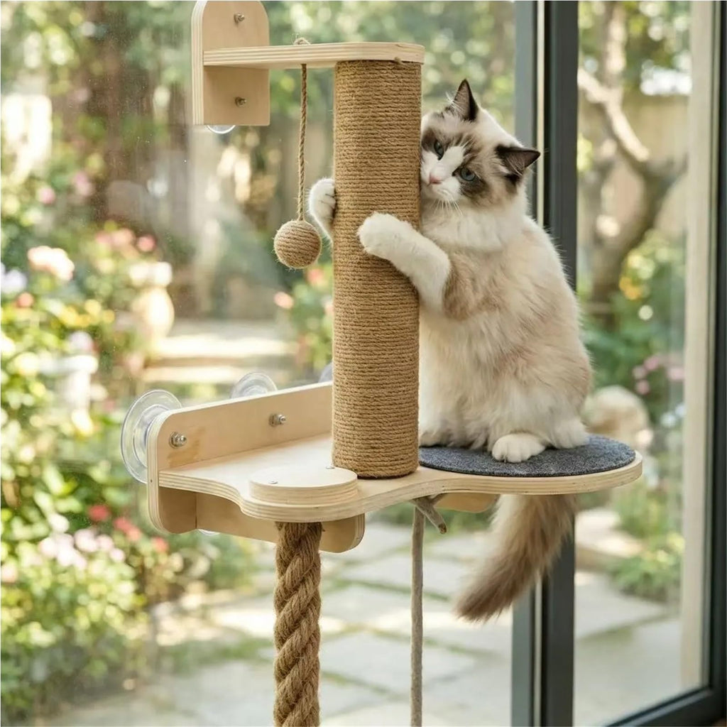 Wall-Mounted Cat Tree with Climbing Rope, Wall Shelf, Jute Scratching Post Tower, and Platform J6942