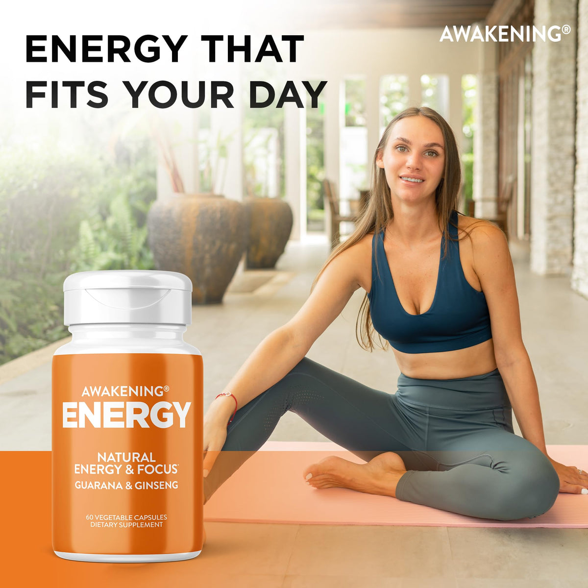 Natural Energy & Focus Supplement with Panax Ginseng, Guarana Extract & Chromium Picolinate, 60 Caps S829