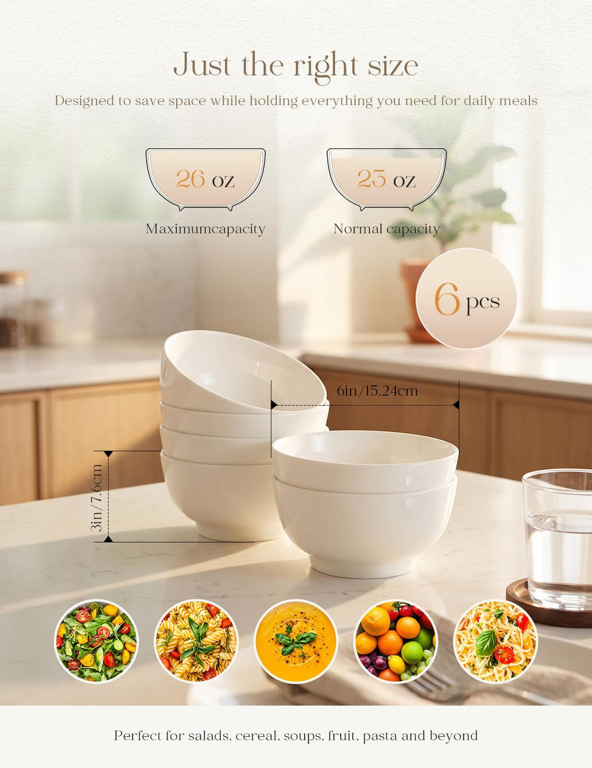 Porcelain Soup Bowls Set of 6, 26 oz White Ceramic Bowls O630