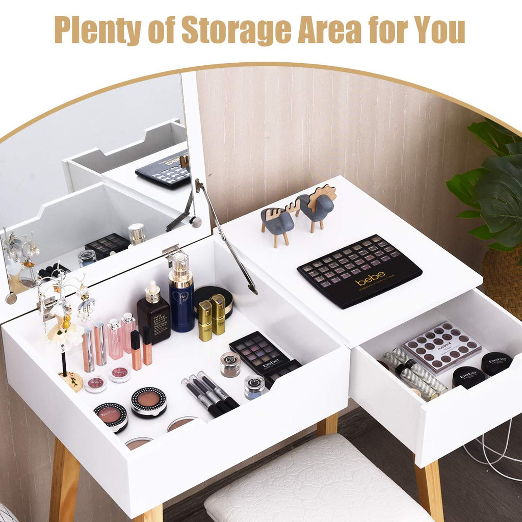White Wooden Vanity Table with Flip Top Mirror and Stool K198