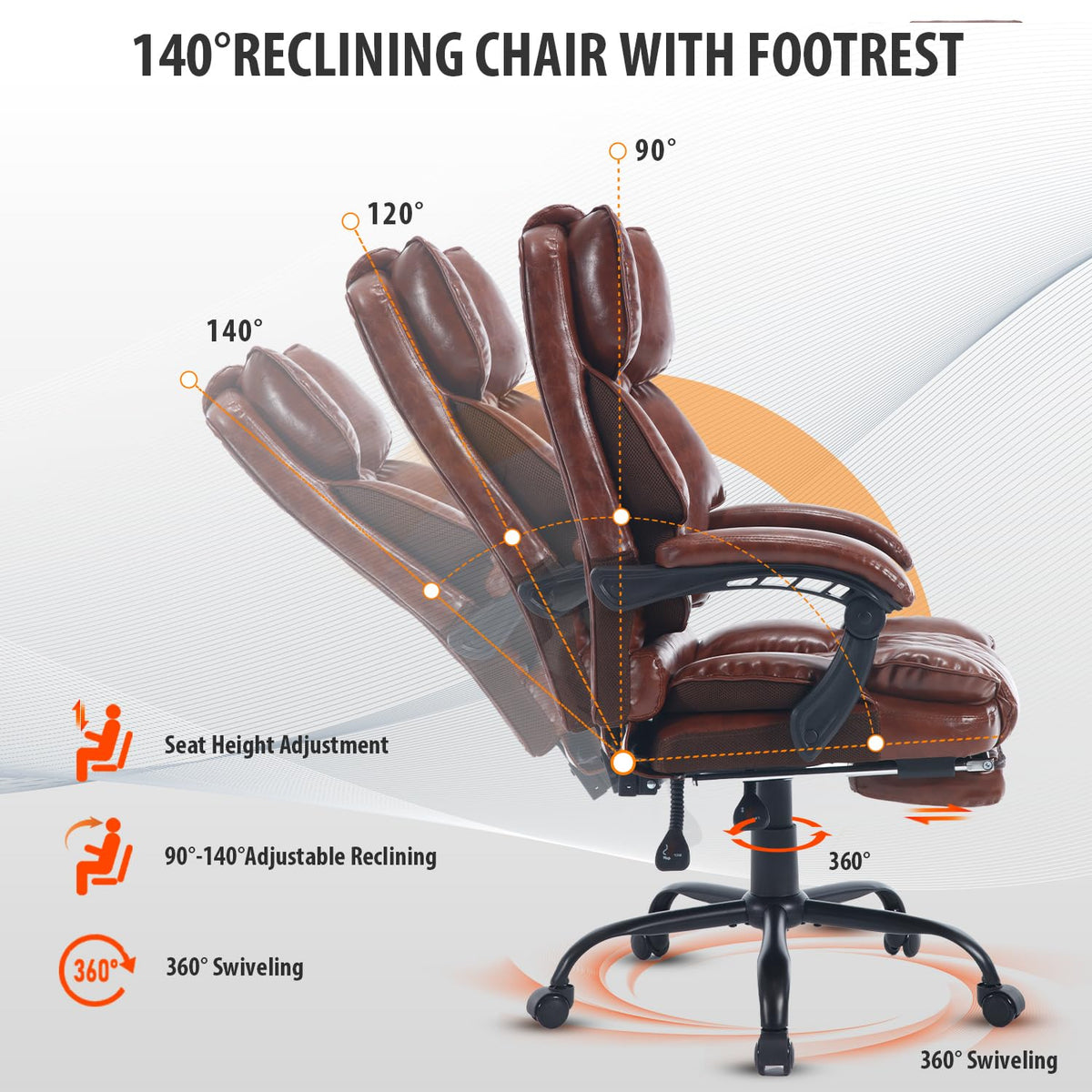Brown Reclining Ergonomic Office Chair with Footrest U11181