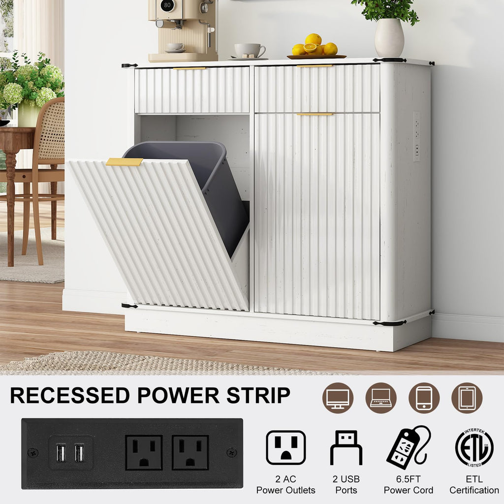 White 20 Gallon Tilt Out Trash Cabinet with Charging Station and 2 Drawers F957564