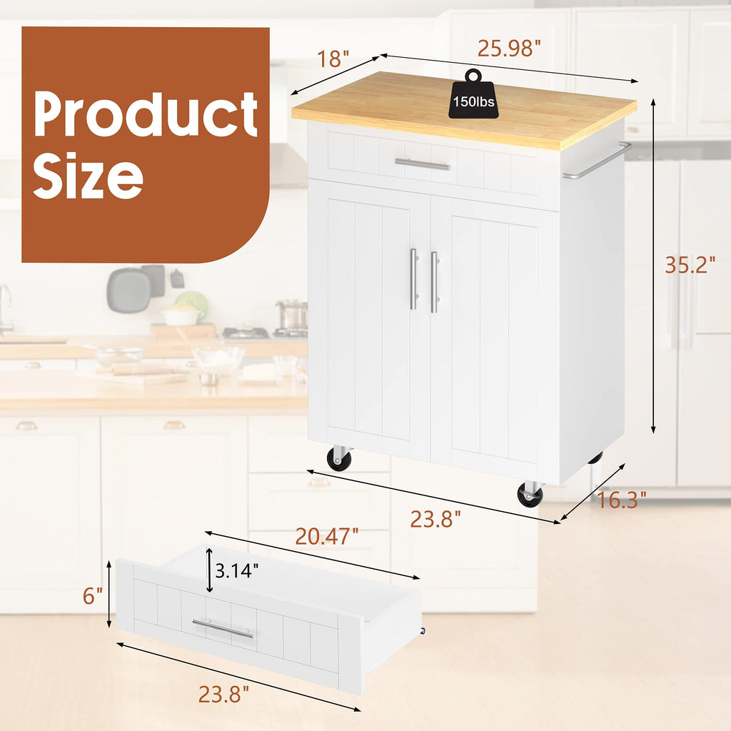 26" Rolling Kitchen Island Cart with Drawer, Shelves, Towel Rack, Lockable Casters, White V88569