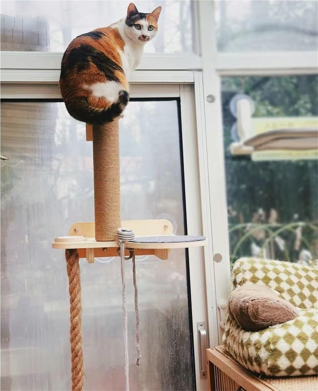 Wall-Mounted Cat Tree with Climbing Rope, Wall Shelf, Jute Scratching Post Tower, and Platform J6942