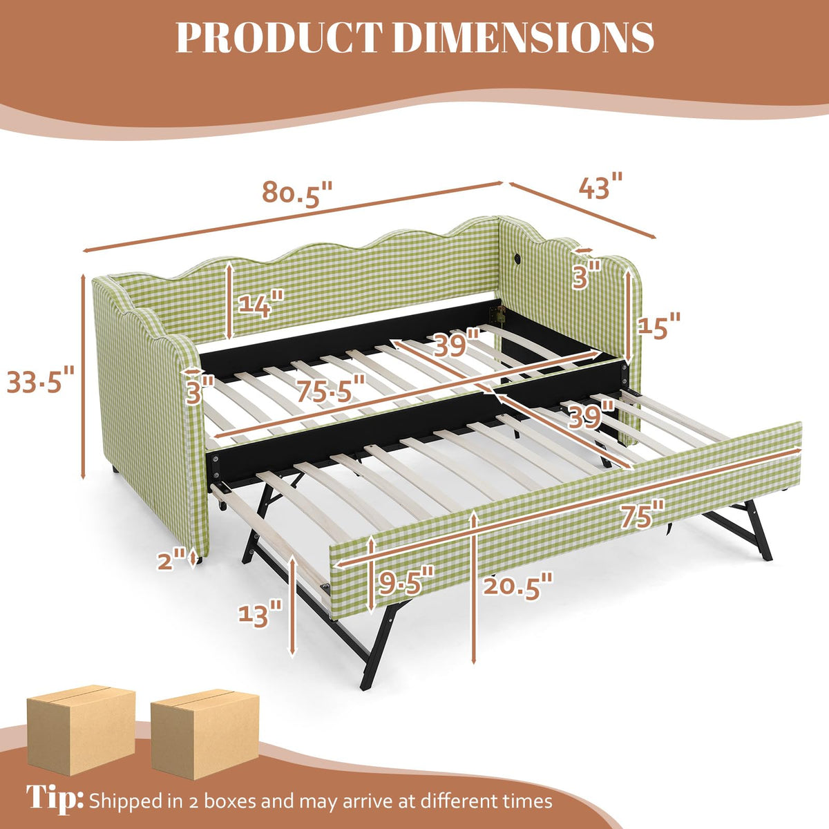 81-inch Twin to King Size Gingham Linen Upholstered Daybed with USB Charging Ports I8202