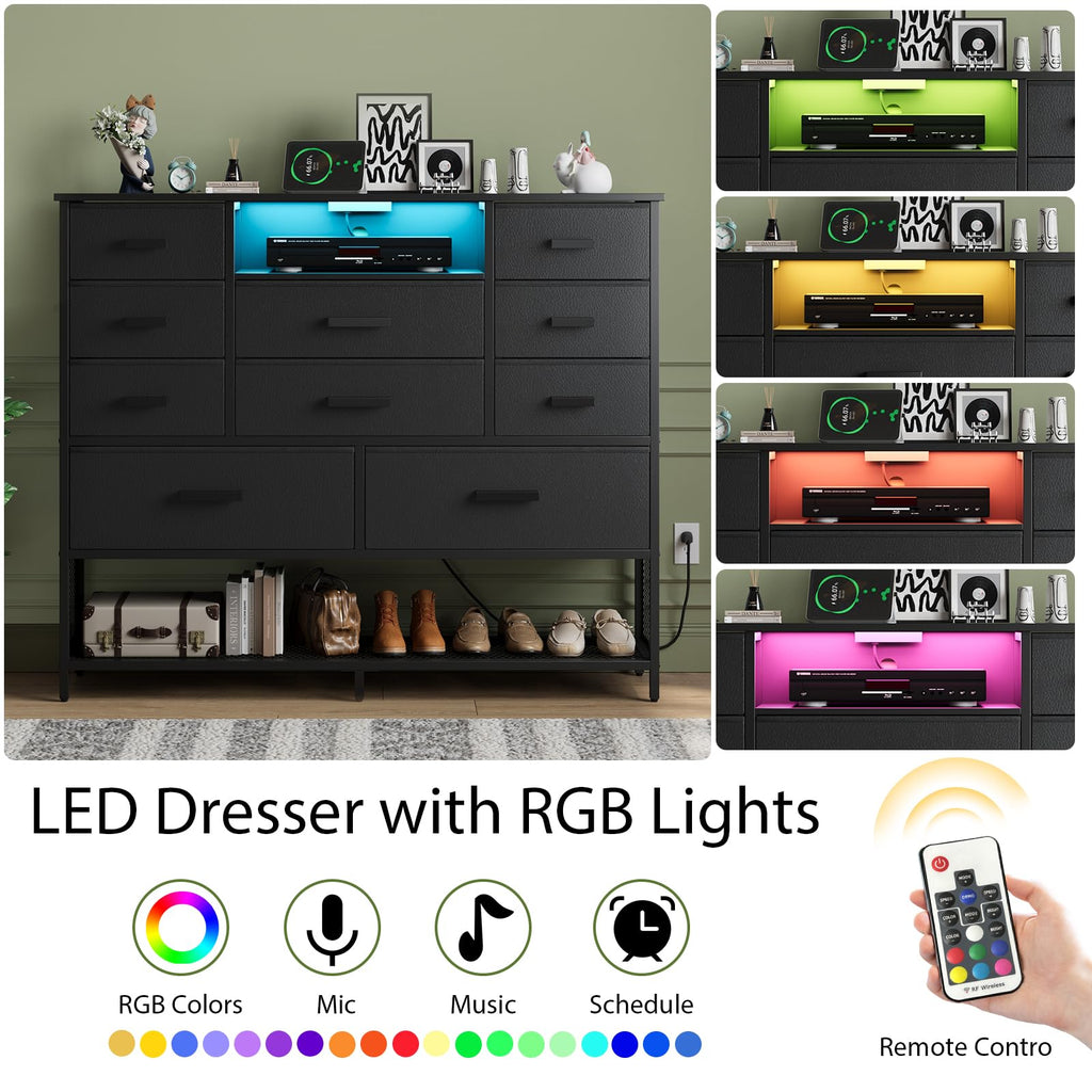 Black 10 Drawer Dresser with Charging Station and LED Light K5580