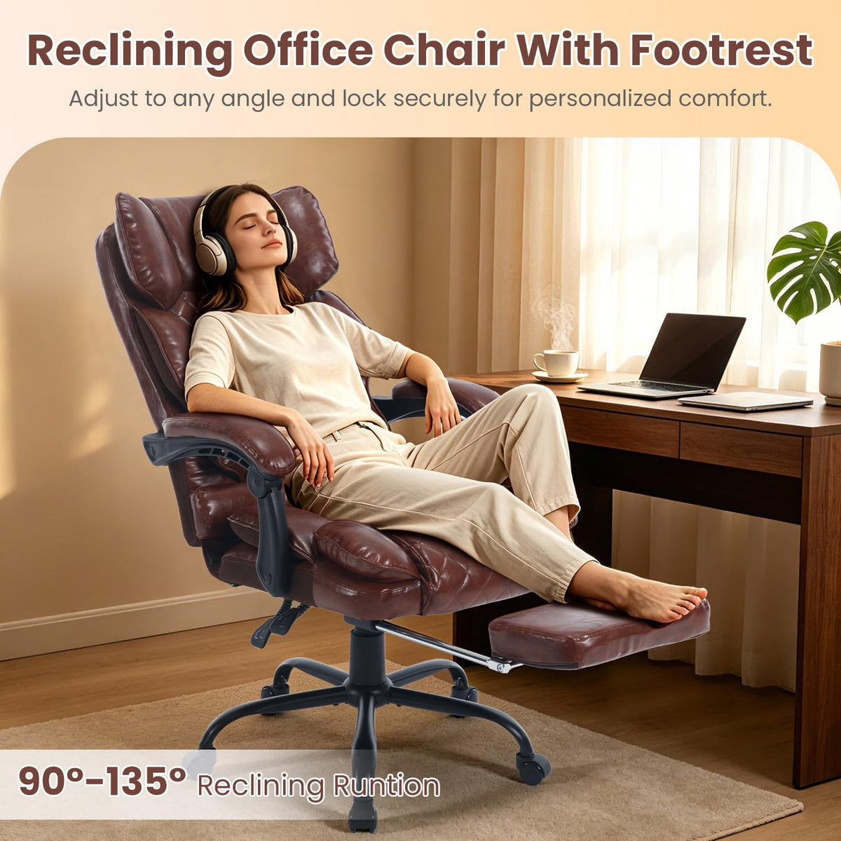 Brown Reclining Ergonomic Office Chair with Footrest U11181