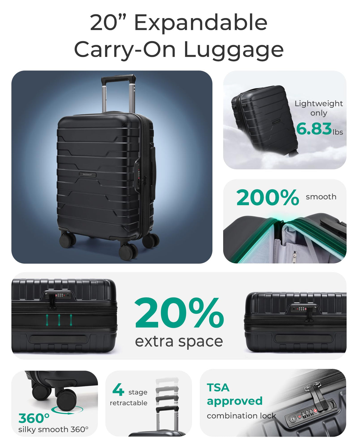 Expandable Spinner Carry-On Luggage 20" Black G17376