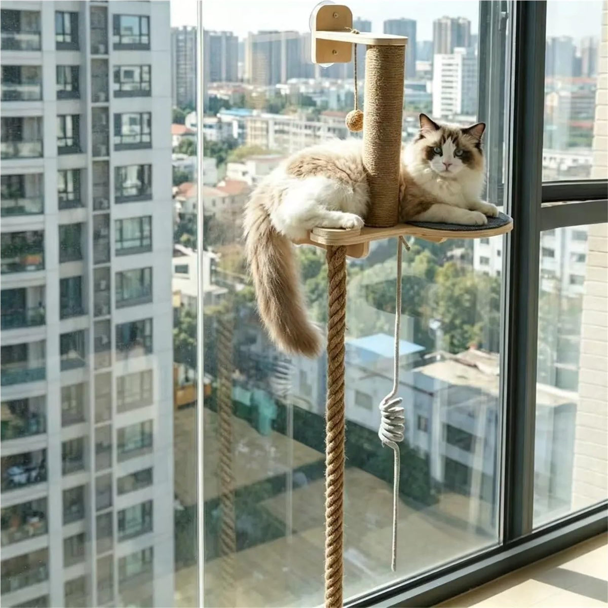 Wall-Mounted Cat Tree with Climbing Rope, Wall Shelf, Jute Scratching Post Tower, and Platform J6942