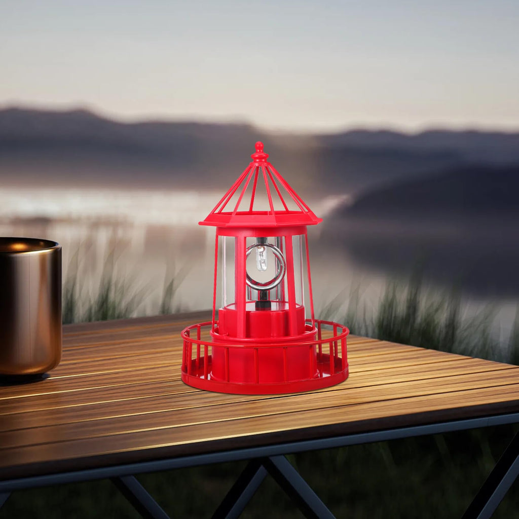 Solar Powered Rotating Lighthouse Garden Light Outdoor Waterproof Resin Iron Red O56935