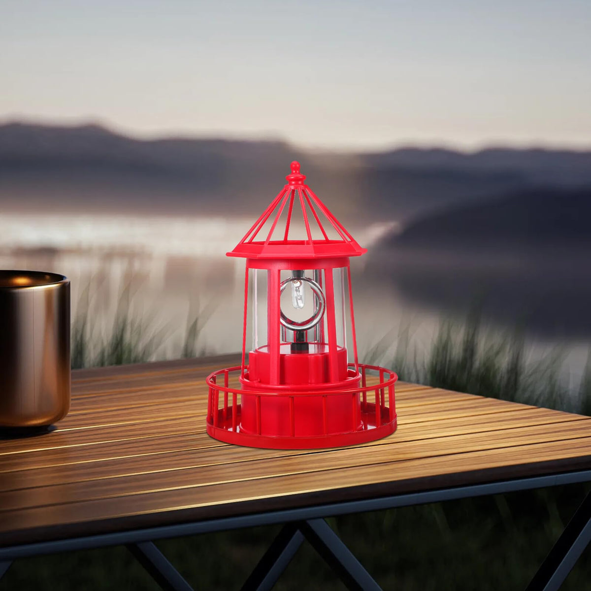 Solar Powered Rotating Lighthouse Garden Light Outdoor Waterproof Resin Iron Red O56935