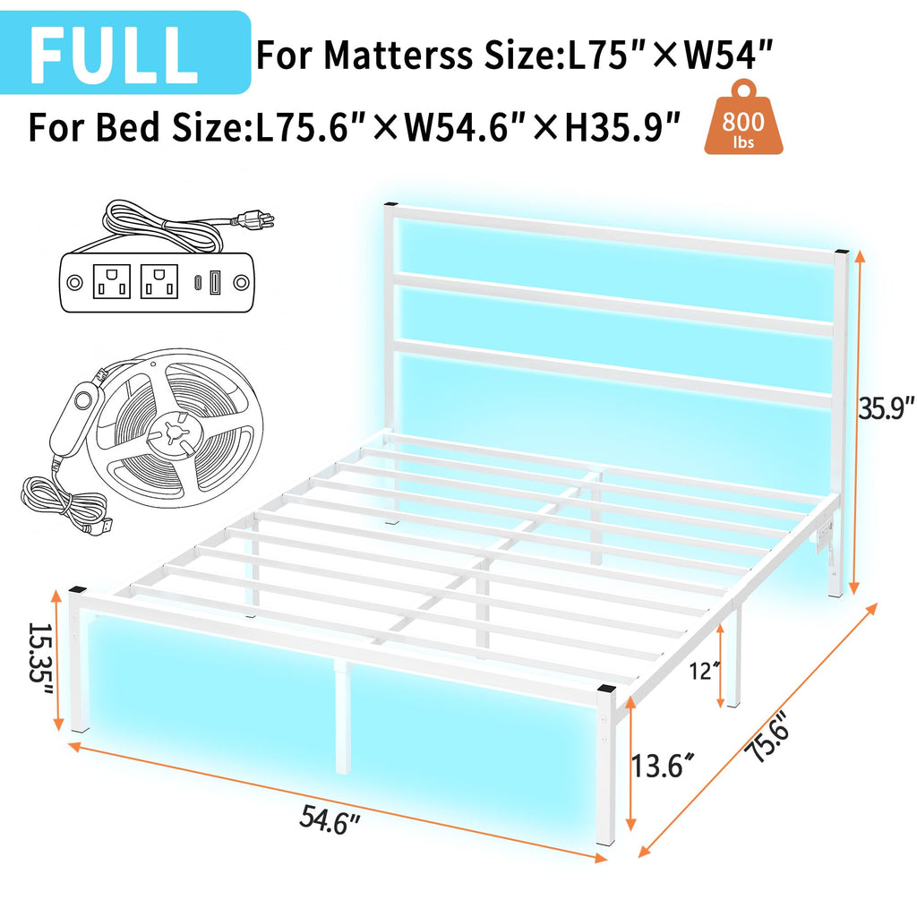 White Full Size Bed Frame with Headboard and USB Charging Station R74138