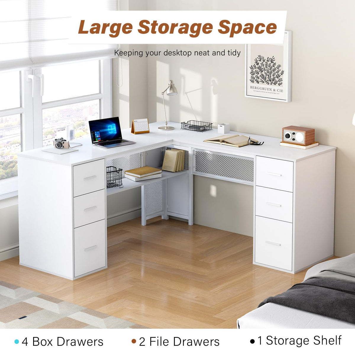 White L Shaped Desk with Drawers M999