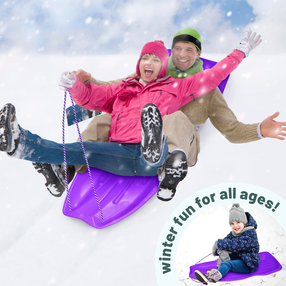 Flexible Plastic Toboggan Snow Sled with Pull Rope and Handles A5874
