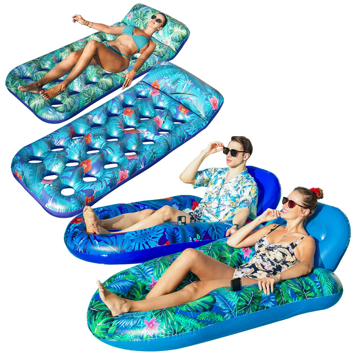 4 Pack Oversized Inflatable Pool Floats with Headrest and Cup Holder M810766