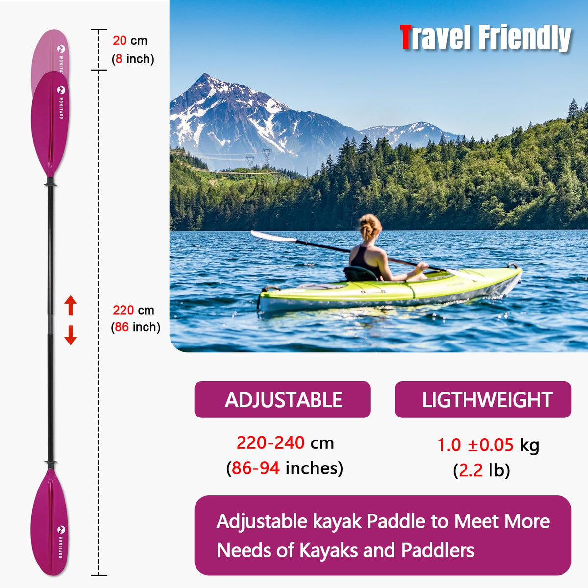 Adjustable Fiberglass Shaft PP Blade Kayak Paddle B226890