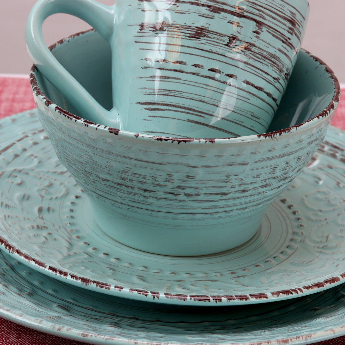 Turquoise 16 Piece Embossed Stoneware Dish Set U594980