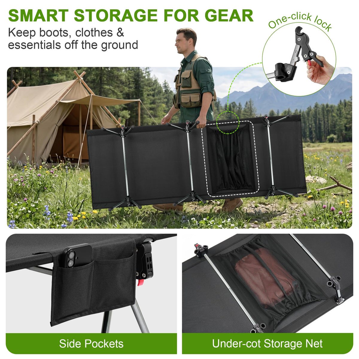 Height Adjustable Black Camping Cot W1752