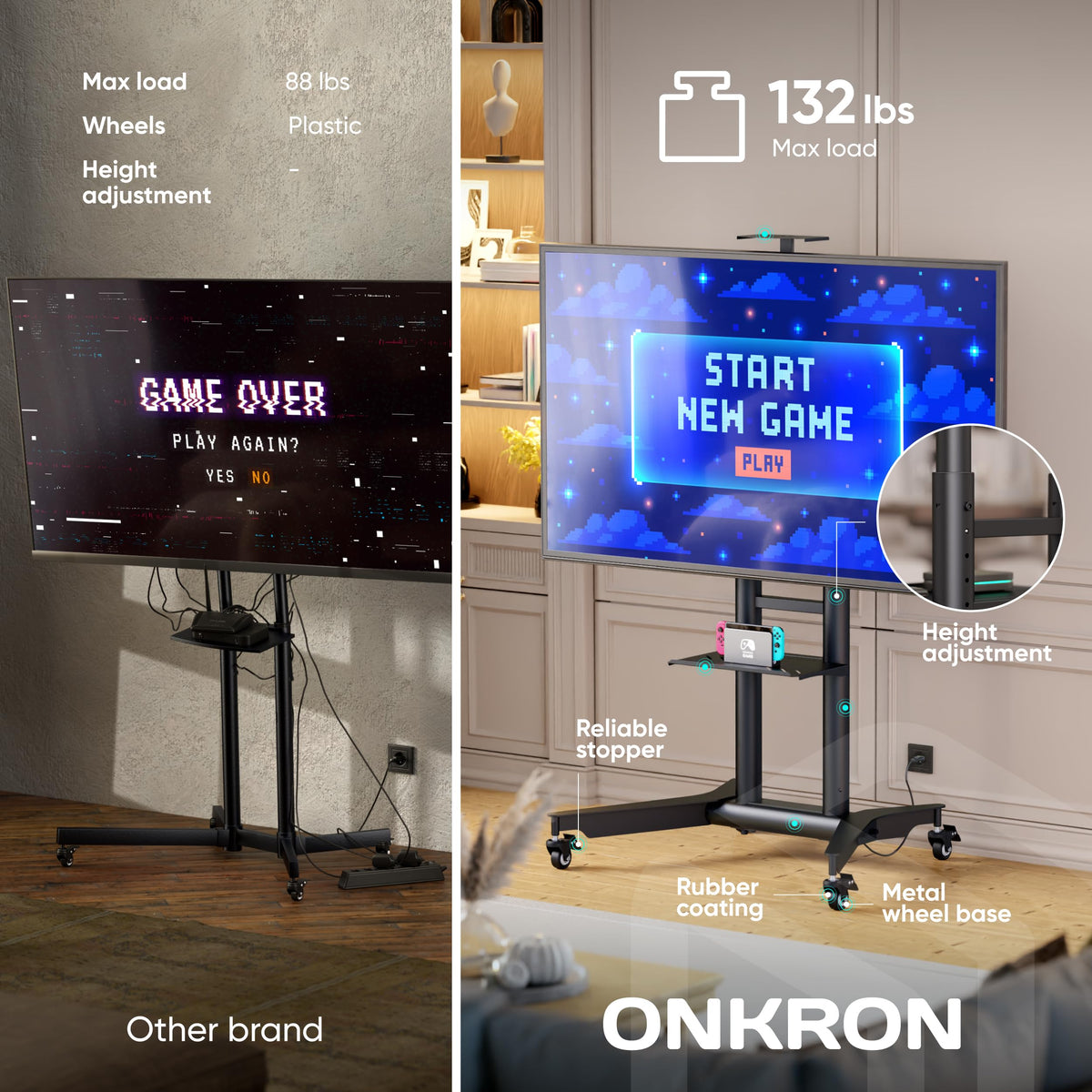 Mobile TV Stand on Wheels 32-75 Inch Black E15259