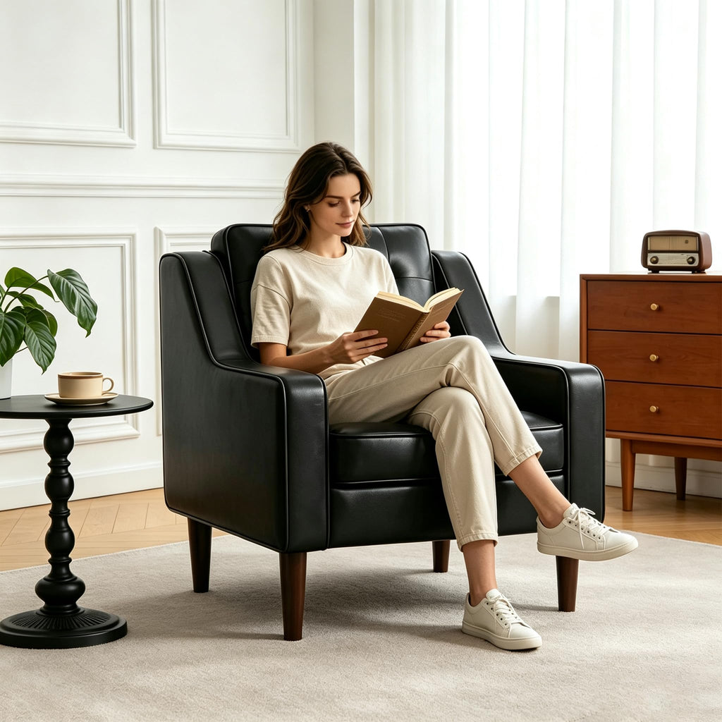 PU Leather Accent Chair Button-Tufted Upholstered Black M246