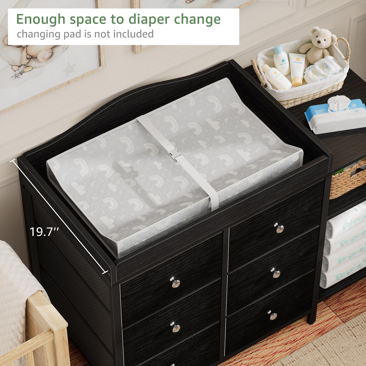 Black 6 Drawer Baby Dresser with Changing Table Top R444