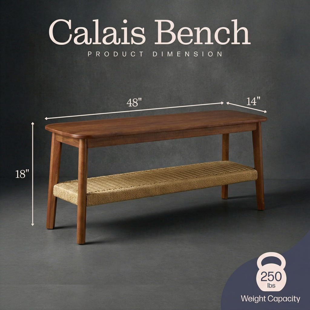 Solid Wood Entryway Bench with Woven Storage Shelf, Chestnut, 48” A192708