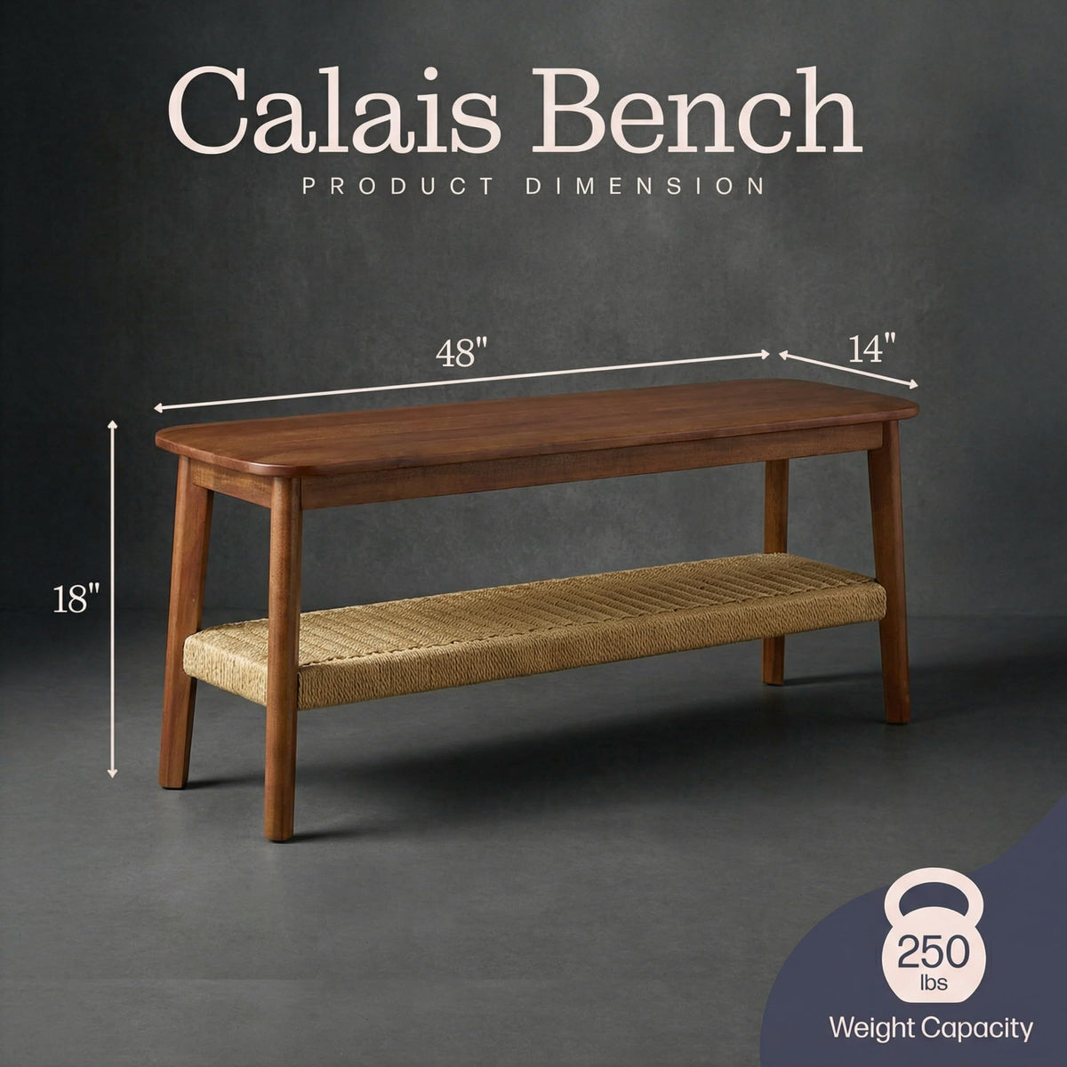Solid Wood Entryway Bench with Woven Storage Shelf, Chestnut, 48” A192708