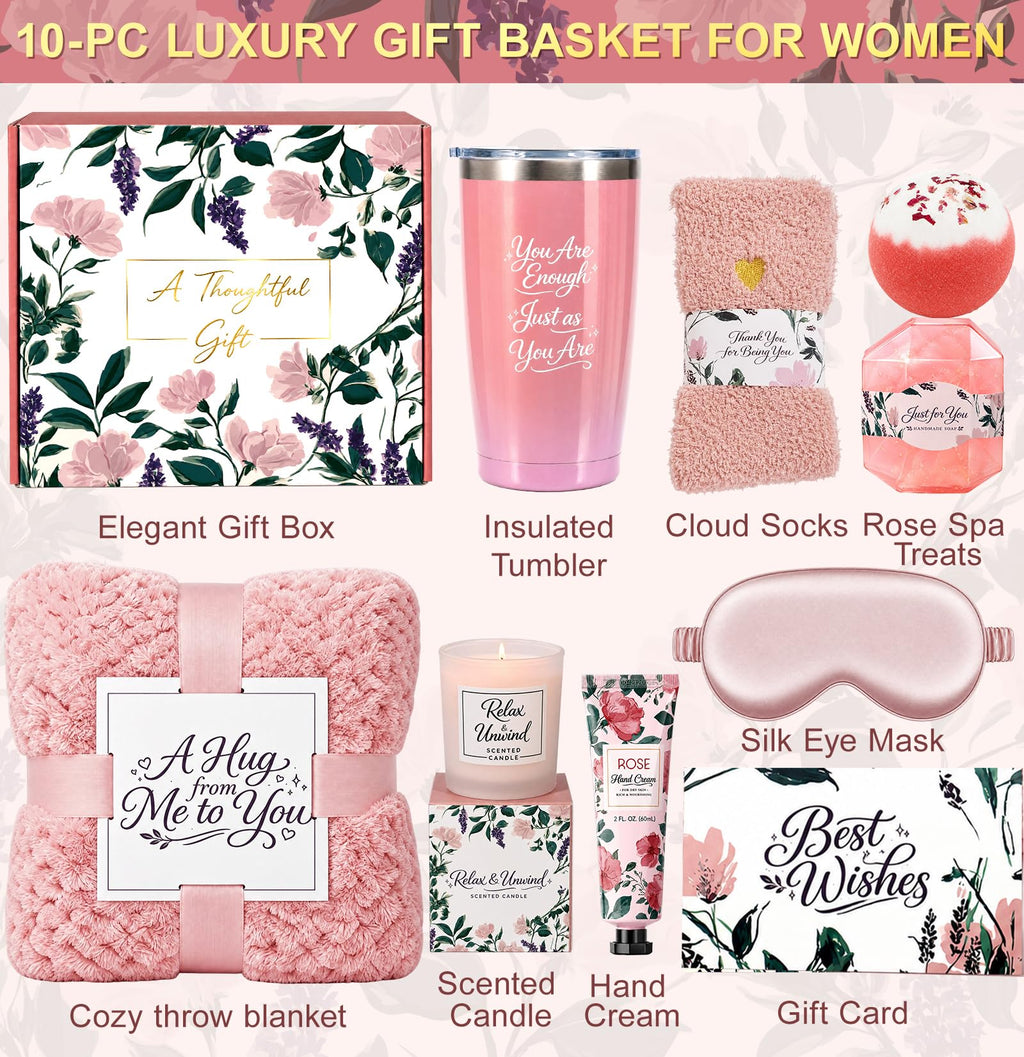 10-Piece Self Care Spa Gift Basket with Throw Blanket and Tumbler R7281