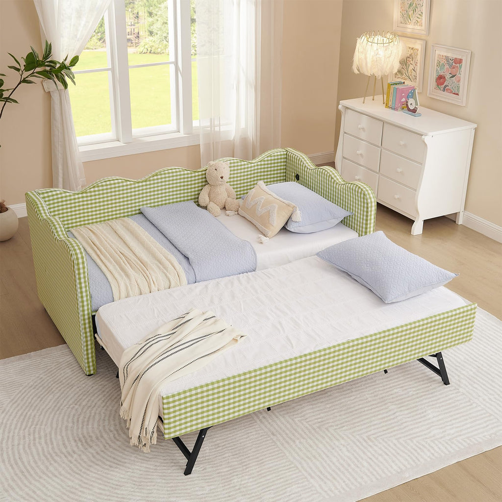 81-inch Twin to King Size Gingham Linen Upholstered Daybed with USB Charging Ports I8202