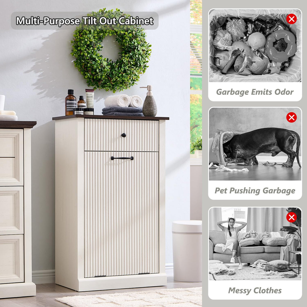 Antique White Tilt-Out Trash Can Cabinet T28245