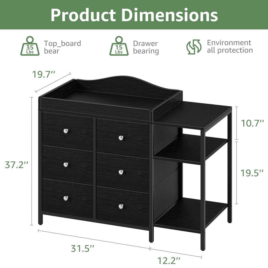 Black 6 Drawer Baby Dresser with Changing Table Top R444